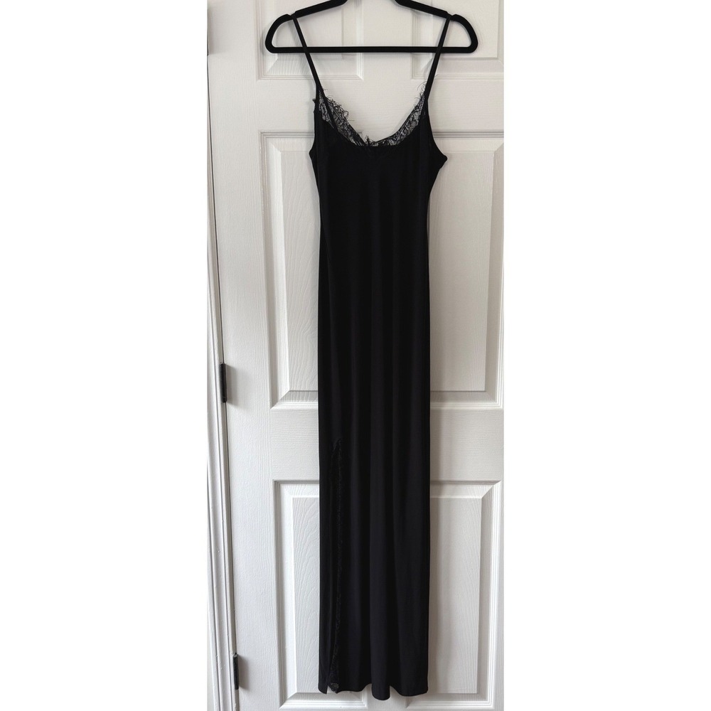 Club L London Black Lace Trim Maxi Dress Side Slit Spaghetti Strap Size 4 US